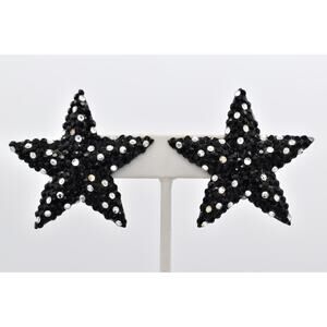 Richard Kerr Vintage Crystal Star Clip On Earrings Black White Signed 80s BinAI